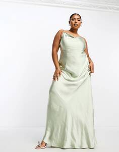 Зеленое атласное платье макси с воротником-хомутом Pretty Lavish Curve Bridesmaid Keisha