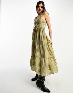 Платье миди Reclaimed Vintage prairie в размытую зелено-коричневую полоску