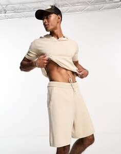 Трикотажные шорты Selected Homme бежевого цвета с кулиской на талии