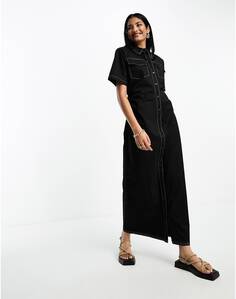 Платье макси-рубашка Selected Femme с рюшами по бокам и контрастной отстрочкой черного цвета