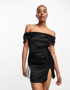 Черное атласное платье мини со сборками Style Cheat bardot