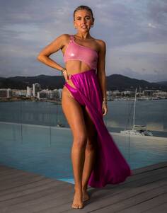 Розовое пляжное летнее платье с плиссировкой и металлизированным боковым разрезом South Beach X Miss Molly