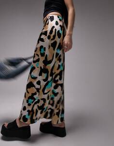 Атласная юбка миди косого цвета с леопардовым принтом Topshop