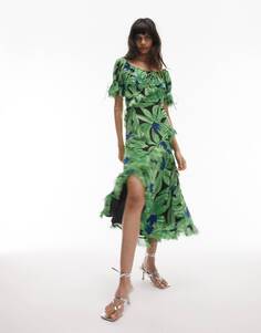 Зеленое платье миди с цветочным принтом и шнуровкой на спине Topshop