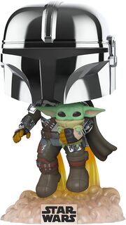 Фигурка Funko Pop! Star Wars: Across The Galaxy - The Mandalorian Holding Grogu with Pin, Chrome Finish, Amazon Exclusiv