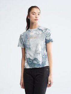 Мраморная футболка с круглым вырезом и графическим принтом Calvin Klein, синий