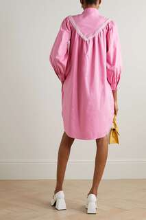 BATSHEVA Мини-платье Landry с кружевной отделкой и защипами из хлопкового поплина с вышивкой, розовый