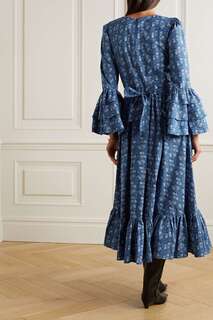 BATSHEVA + Платье миди из хлопка и поплина Laura Ashley Waverly с оборками и цветочным принтом, синий