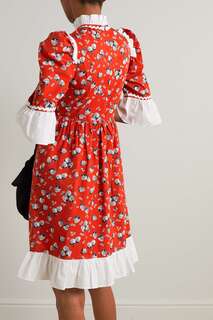 BATSHEVA Мини-платье из хлопка и поплина с оборками и принтом, красный