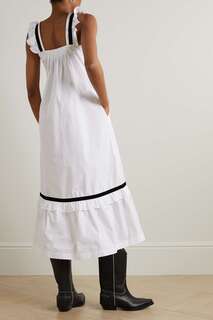 BATSHEVA ярусное платье миди Yeva с оборками и бархатной отделкой из хлопкового поплина, белый