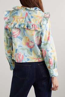 BATSHEVA BATSHEVA + Laura Ashley Rhodri блузка из хлопка и поплина с оборками и цветочным принтом, синий, синий