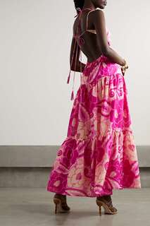 FARM RIO Многоярусное платье макси с вырезом и цветочным принтом из хлопка и вуали с вырезом халтер, розовый