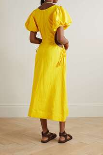 FARM RIO Платье миди из льна с вырезами и бусинами, желтый