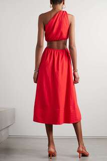 FARM RIO Платье миди из смесового льна с вырезом на одно плечо, красный