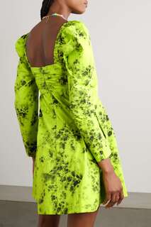 GANNI Присборенное платье мини из органического хлопка с цветочным принтом, зеленый