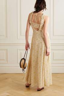 HOLZWEILER Многослойное платье макси из переработанного шифона с цветочным принтом и открытой спиной Godet, пастельно-желтый