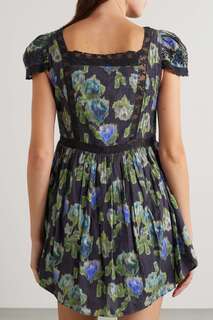 LOVESHACKFANCY Хлопковое мини-платье с цветочным принтом и цветочной вышивкой с кружевом и вышивкой Nutmeg, темно-синий