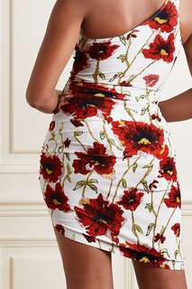 NORMA KAMALI Мини-юбка асимметричного кроя со сборками и цветочным принтом из джерси стрейч, белый