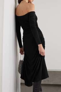 NINETY PERCENT Платье миди Osha с открытыми плечами и рюшами из эластичного лиоцелла TENCEL, черный