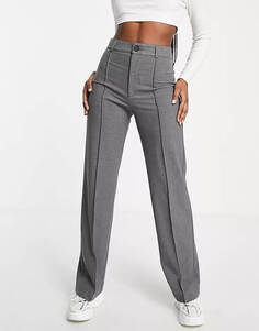 Серые прямые брюки с завышенной талией и швами спереди Pull&amp;Bear, серый