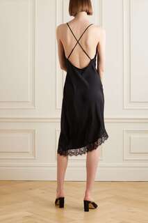 REFORMATION платье миди Milania с открытой спиной и кружевом из шелкового шармеза, черный