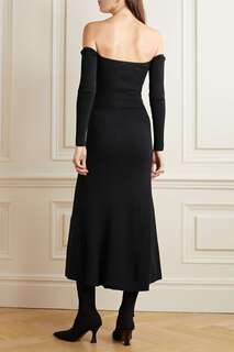 REFORMATION платье миди Symone из смесового хлопка в рубчик с открытыми плечами, черный