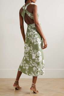 REFORMATION + NET SUSTAIN Льняное платье макси с вырезами и цветочным принтом Casette, зеленый