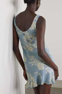 REFORMATION платье мини из крепа с драпировкой и оборками Rudie с цветочным принтом, синий