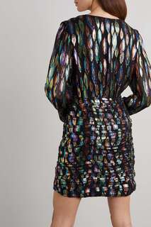 RIXO Платье мини из смесового шифона и шелка золотистого цвета с эффектом металлик, черный