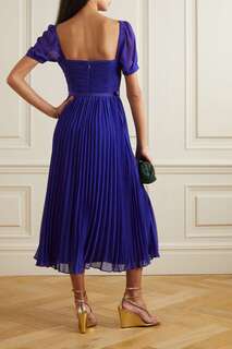SELF-PORTRAIT Плиссированное шифоновое платье миди с поясом и вырезом, синий