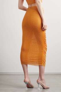 SELF-PORTRAIT Сетчатая юбка миди с рюшами и кристаллами, апельсин