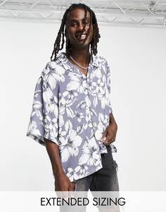 Серая рубашка свободного кроя с приспущенными плечами и гавайским принтом в винтажном стиле ASOS DESIGN