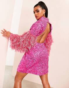 Розовое платье-блейзер с пайетками, вырезом на спине и рукавами с перьями ASOS LUXE