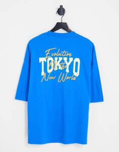 Синяя оверсайз-футболка с принтом Токио на спине ASOS DESIGN