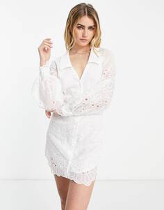 Белое мини-платье-рубашка с цветочной вышивкой ASOS DESIGN