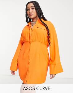 Оранжевое платье-рубашка мини с пуговицами на талии ASOS DESIGN Curve