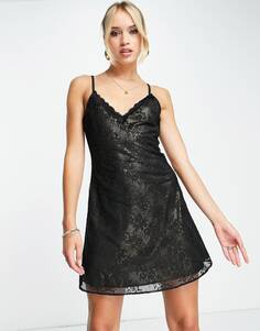 Черное кружевное платье мини-комбинация с золотистой металлизированной подкладкой Topshop