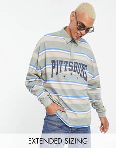 Оверсайз-футболка поло с длинными рукавами в полоску цвета хаки с принтом Питтсбург ASOS DESIGN