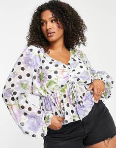 Блузка с длинными рукавами и плиссированной баской ASOS DESIGN Curve с цветочным принтом и пятном