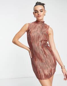 Атласное плиссированное мини-платье с высоким вырезом ASOS DESIGN цвета ржавчины