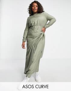 Платье макси цвета хаки из льна ASOS DESIGN Curve с юбкой с запахом