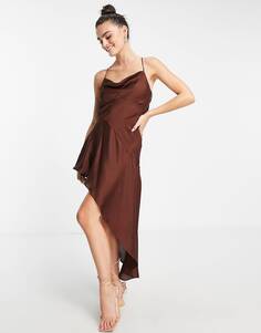 Разноцветное платье мини-комбинация асимметричного шоколадного цвета с воротником-хомутом Topshop