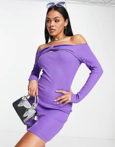 Фиолетовое мини-платье в рубчик с длинными рукавами ASYOU