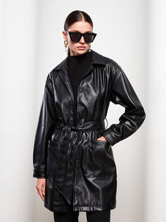 Женское кожаное пальто с воротником-стойкой и длинным рукавом LCW Modest
