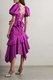 ULLA JOHNSON Платье миди асимметричного кроя Marie из хлопкового поплина с оборками и открытой спиной, пурпурный