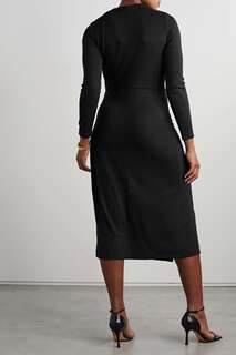 VINCE Асимметричное присборенное платье миди из эластичного трикотажа с эффектом запаха, черный
