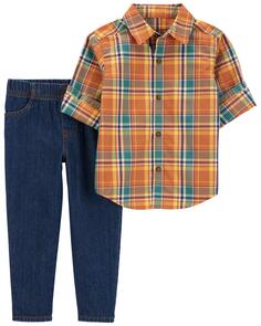 Детский комплект из 2-х частей клетчатой рубашки и брюк на пуговицах Carter&apos;s, оранжевый/темно-синий Carters