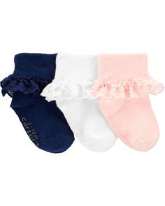 Комплект из 3 кружевных носков с манжетами для малышей Carter&apos;s, розовый/белый/темно-синий Carters