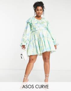 Сарафанное платье из твила с V-образным вырезом и поясом ASOS LUXE Curve