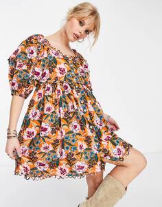 Разноцветное льняное платье мини с цветочной отделкой фестонами Topshop